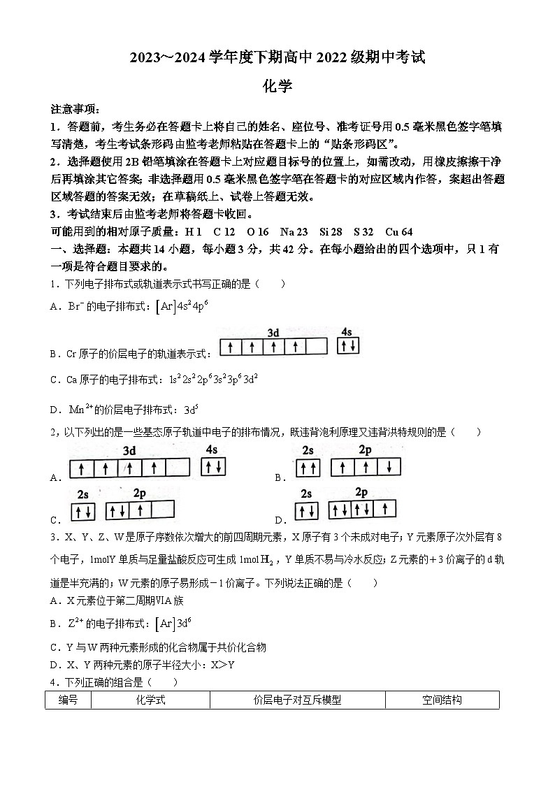 四川省成都市蓉城名校联盟2023-2024学年高二下学期期中联考化学试题01