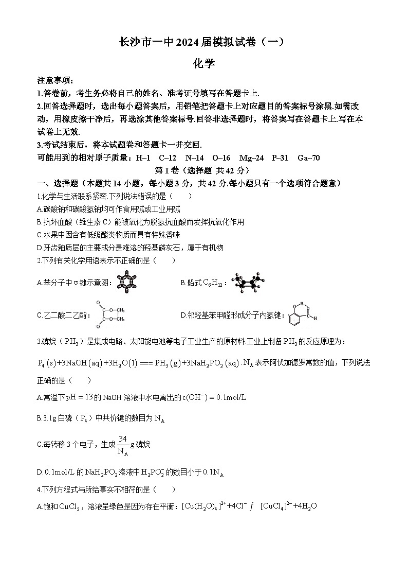 湖南省长沙市一中2024届高三下学期高考适应性演练（一）化学试卷（Word版附解析）01