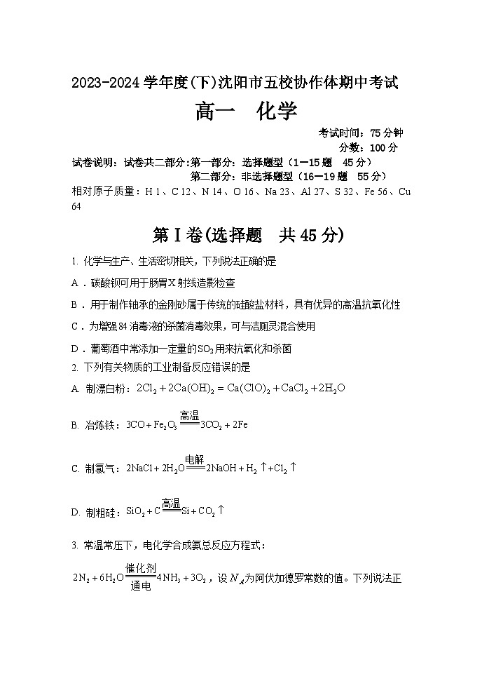 辽宁省沈阳市五校协作体2023-2024学年高一下学期5月期中联考化学试题01