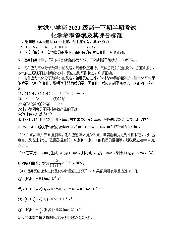 2024遂宁射洪中学高一下学期期中考试化学含答案01