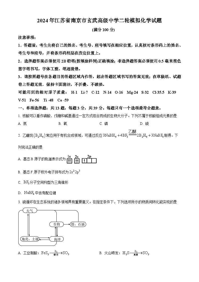 江苏省南京市玄武高级中学2024届高三下学期二轮模拟化学试题（原卷版）第1页