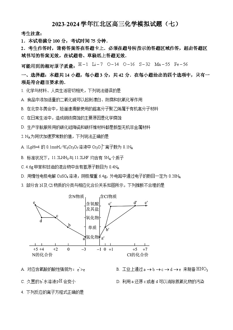 重庆市江北区2023-2024学年高三下学期模拟测试化学试题（七）（原卷版+解析版）01