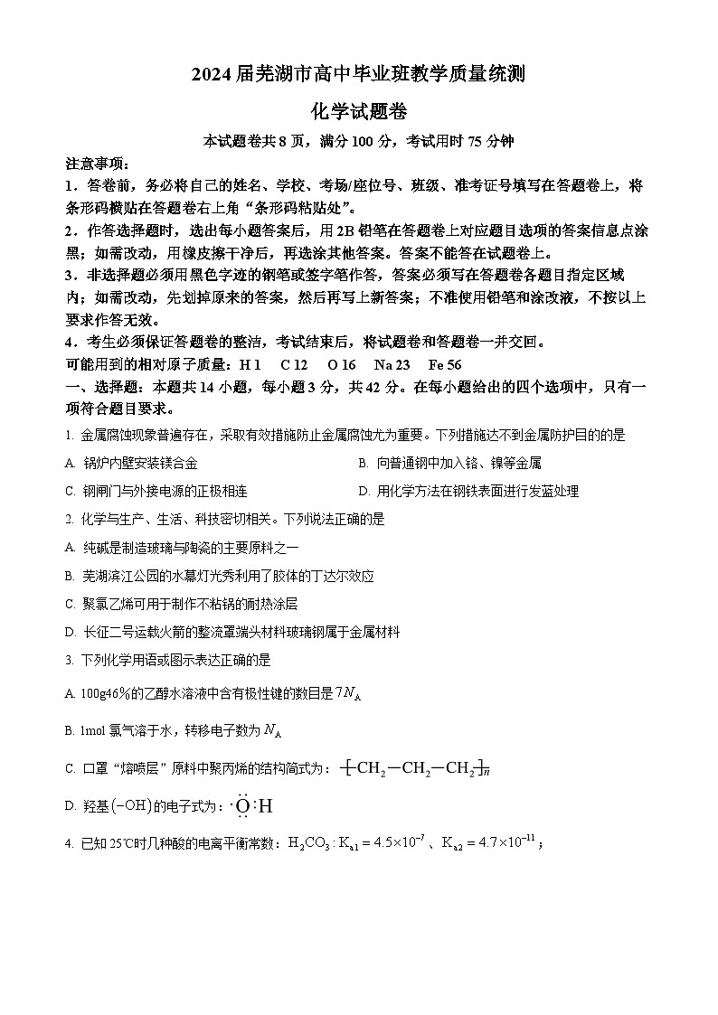 安徽省芜湖市2024届高三毕业班下学期5月教学质量统测化学试卷（原卷版+解析版）01
