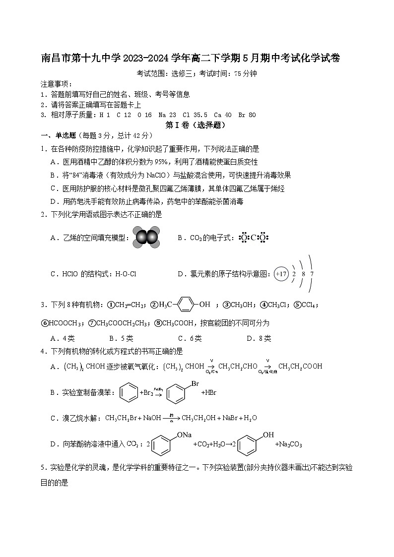 江西省南昌市第十九中学2023-2024学年高二下学期5月期中考试化学试题（含答案）01