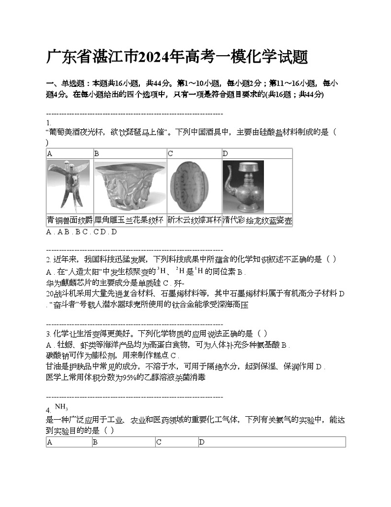 广东省湛江市2024年高考一模化学试题第1页