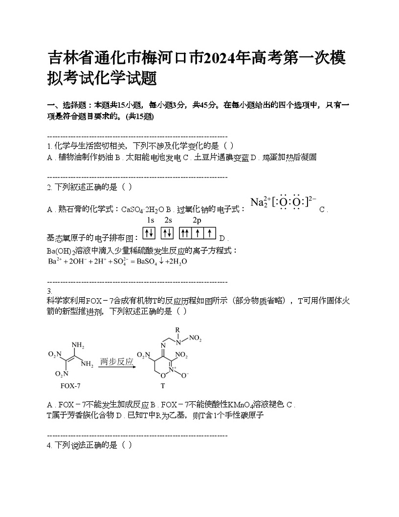 吉林省通化市梅河口市2024年高考第一次模拟考试化学试题第1页
