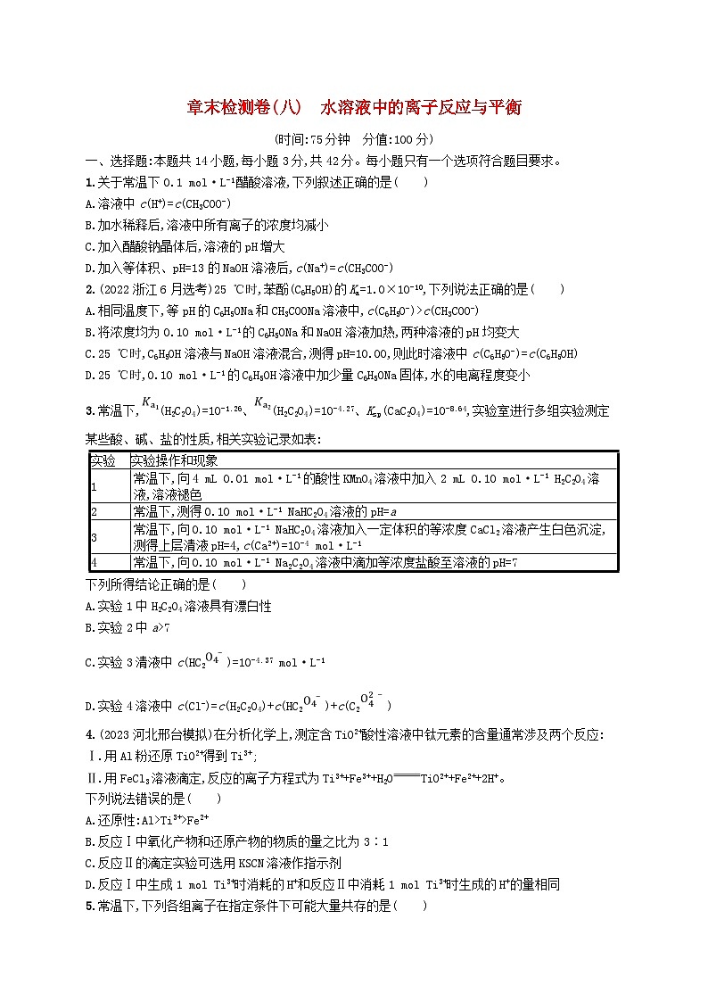 适用于新高考新教材广西专版2025届高考化学一轮总复习章末检测卷8水溶液中的离子反应与平衡第1页