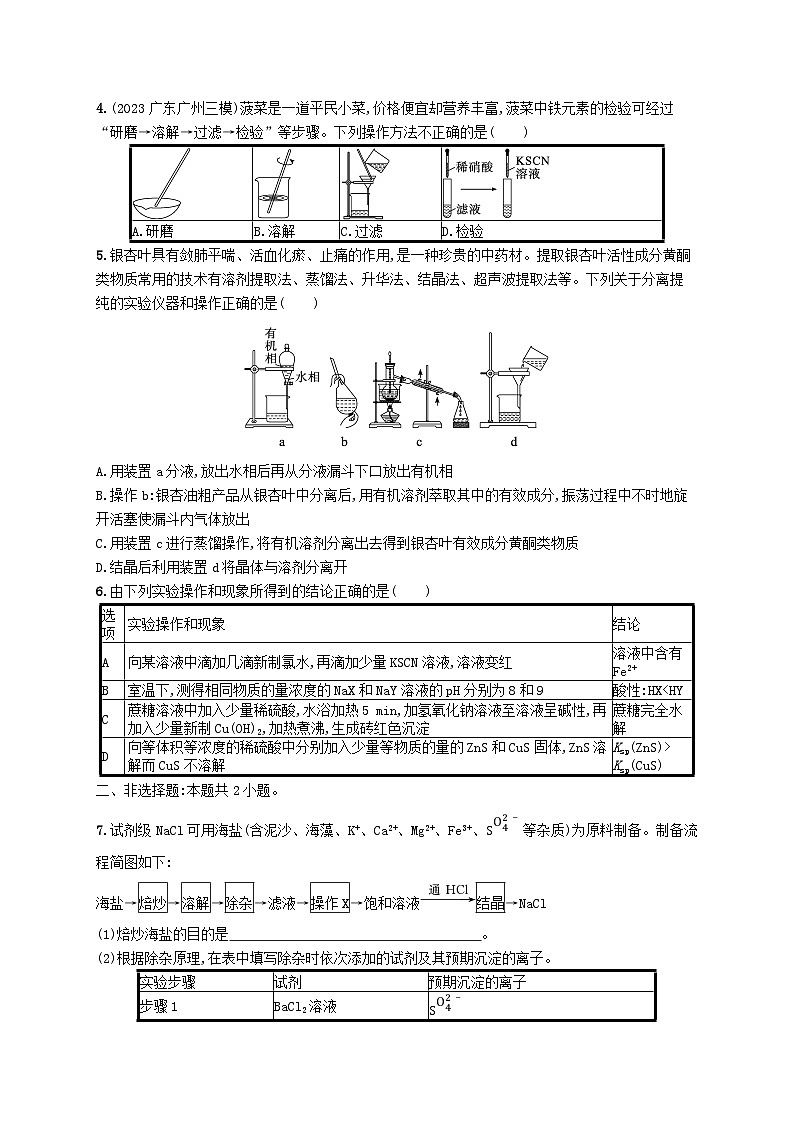 适用于新高考新教材广西专版2025届高考化学一轮总复习课时规范练35物质的分离提纯与检验02