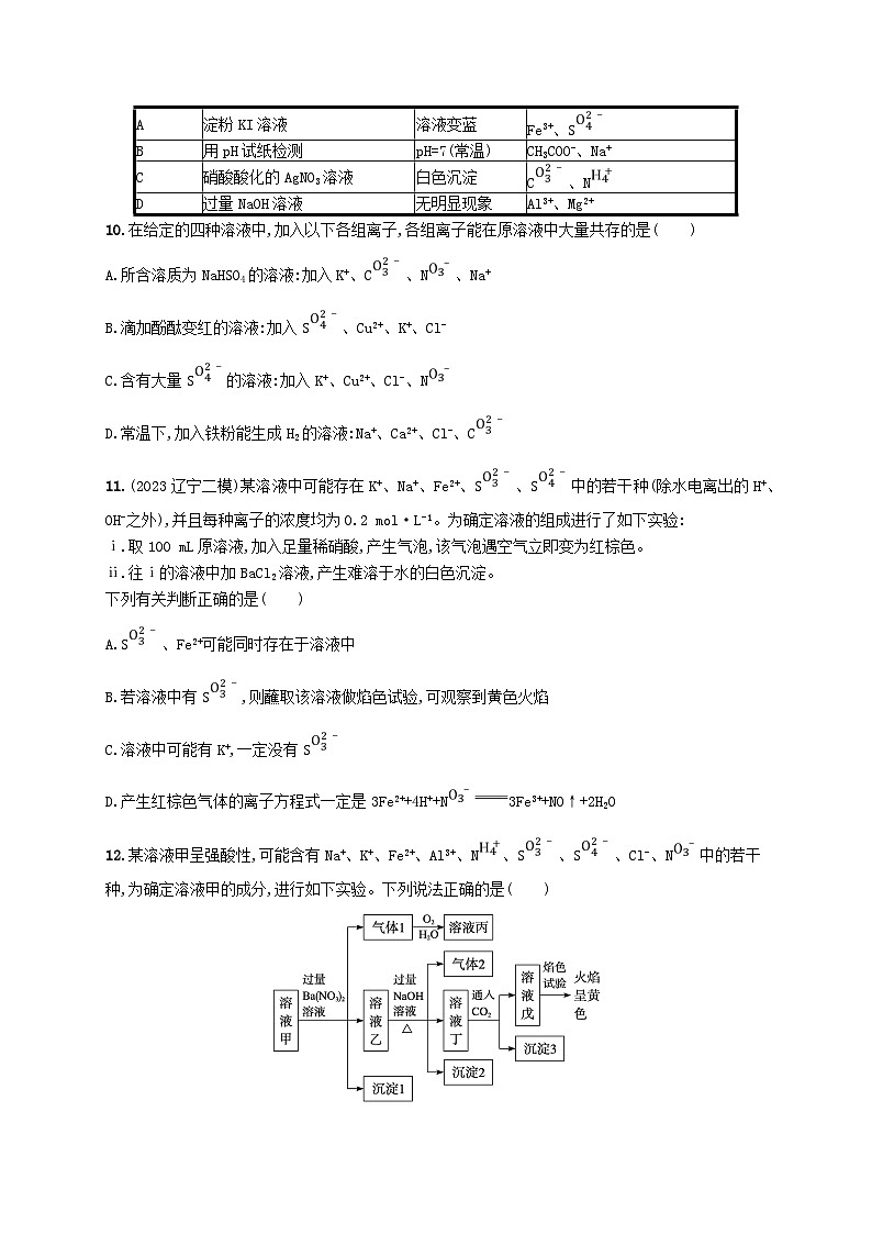适用于新高考新教材广西专版2025届高考化学一轮总复习课时规范练3离子共存离子的检验与推断03