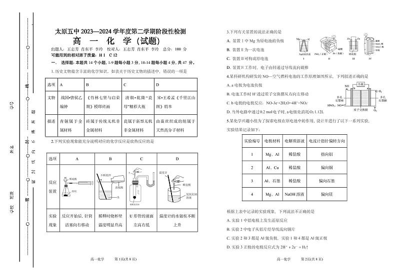 2024太原五中高一下学期5月月考试题化学PDF版含答案（可编辑）01