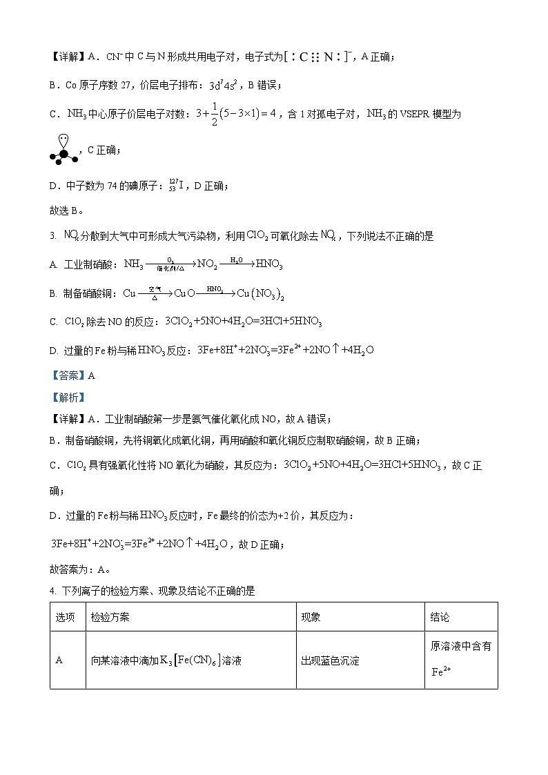 2024届河北省部分高中高三下学期二模化学试题（原卷版+解析版）02