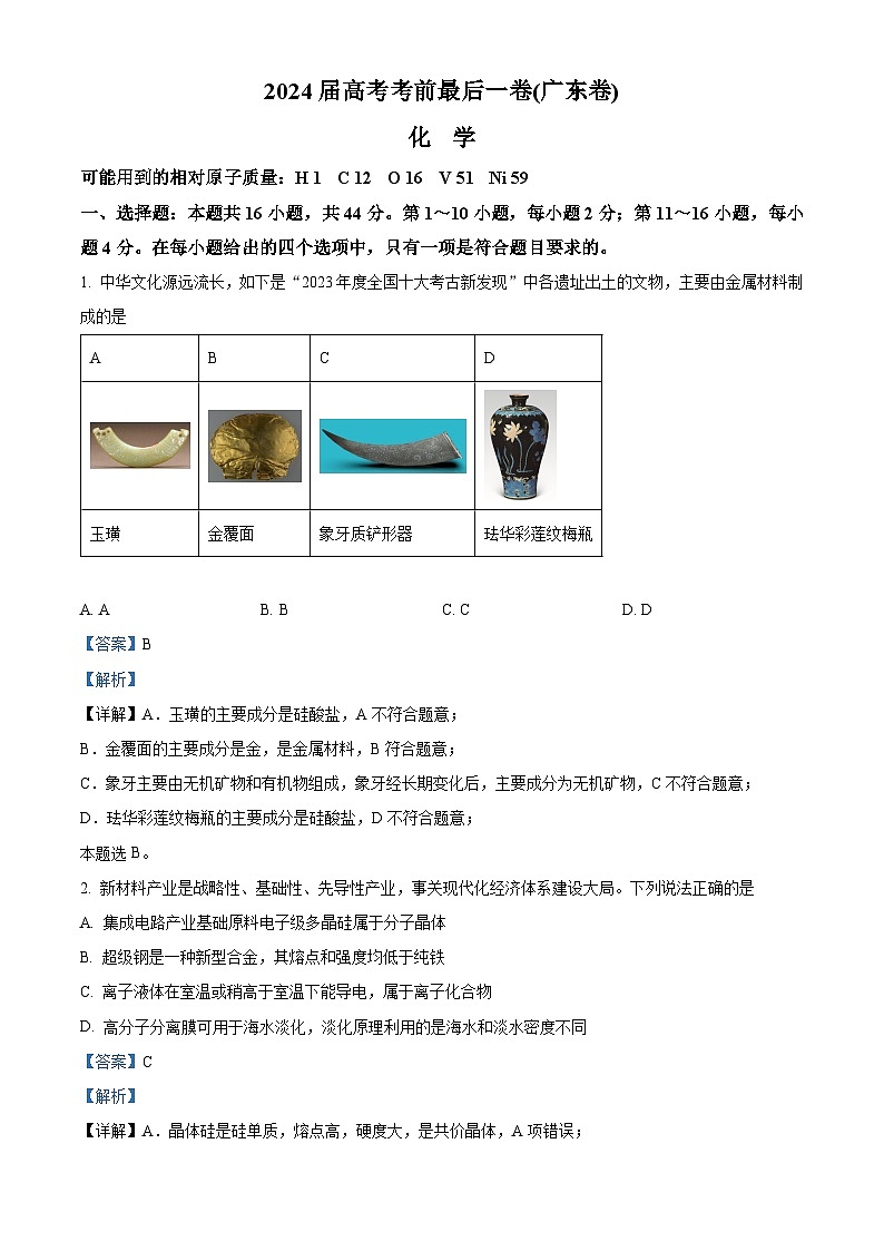 广东省2024届高三下学期高考考前最后一卷化学试题（原卷版+解析版）01