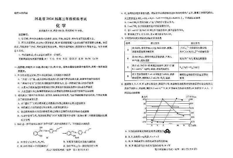 河北省邯郸市部分示范性高中2024届高三下学期三模化学试题（PDF版附解析）第1页