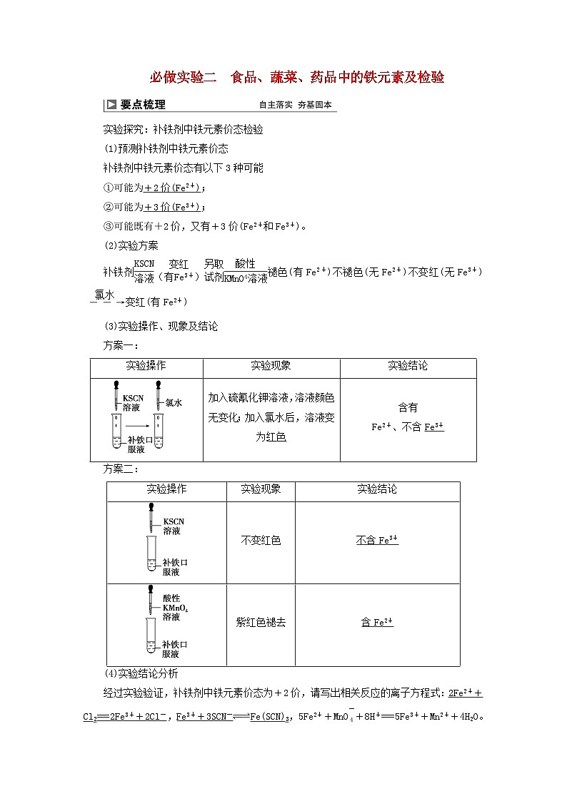 2024届高考化学一轮复习练习第三章金属及其化合物必做实验二食品蔬菜药品中的铁元素及检验01