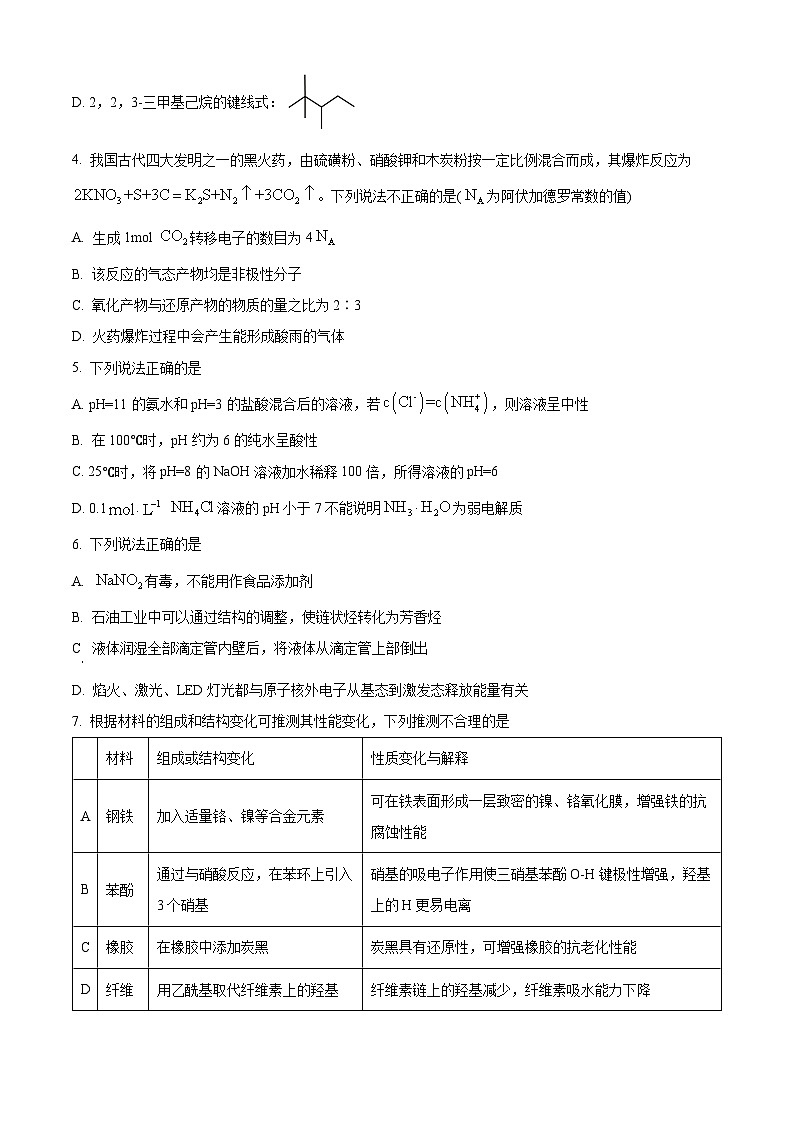 浙江省金华东阳市2024届高三下学期三模化学试题无答案第2页