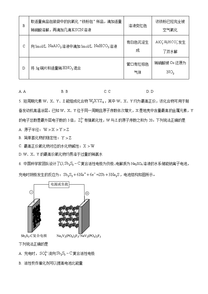 2024届四川省眉山市高三下学期第三次诊断考试理科综合试题 -高中化学（原卷版+解析版）02