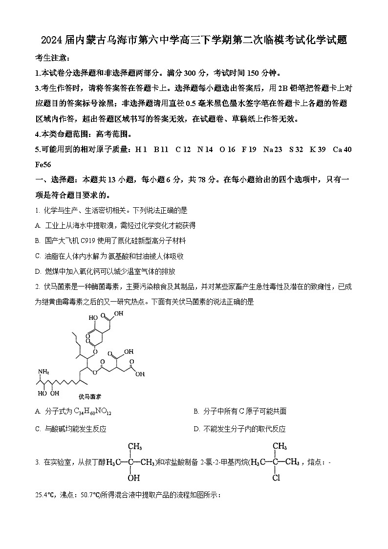 2024届内蒙古乌海市第六中学高三下学期第二次临模考试化学试题（原卷版）第1页