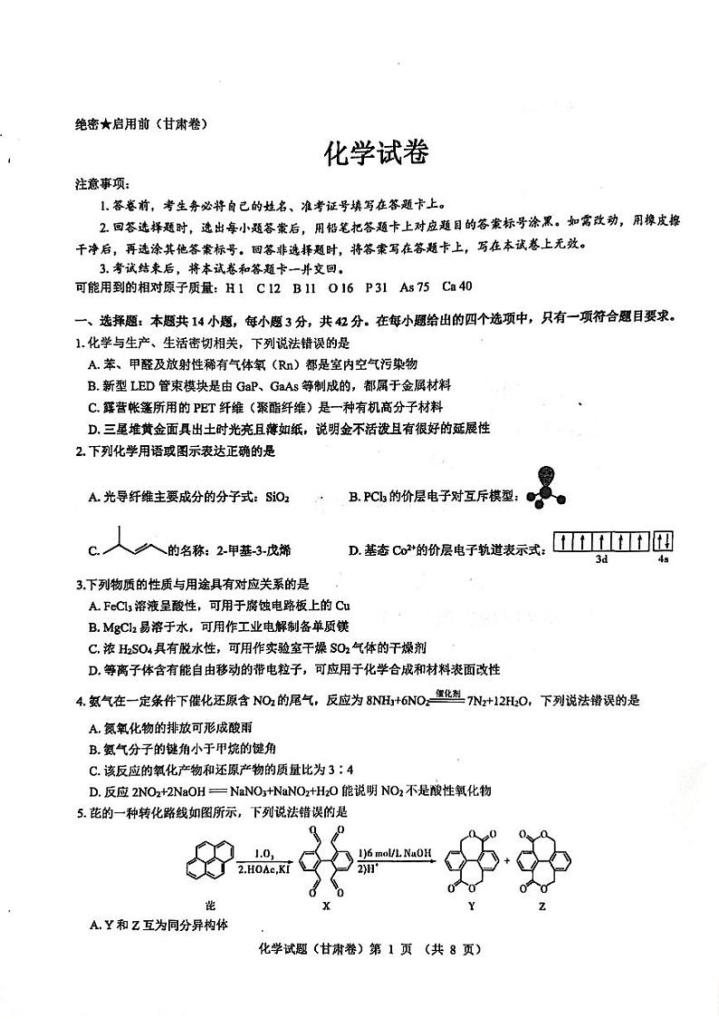 甘肃省民乐县第一中学2024届高三下学期5月模拟考试化学试卷第2页