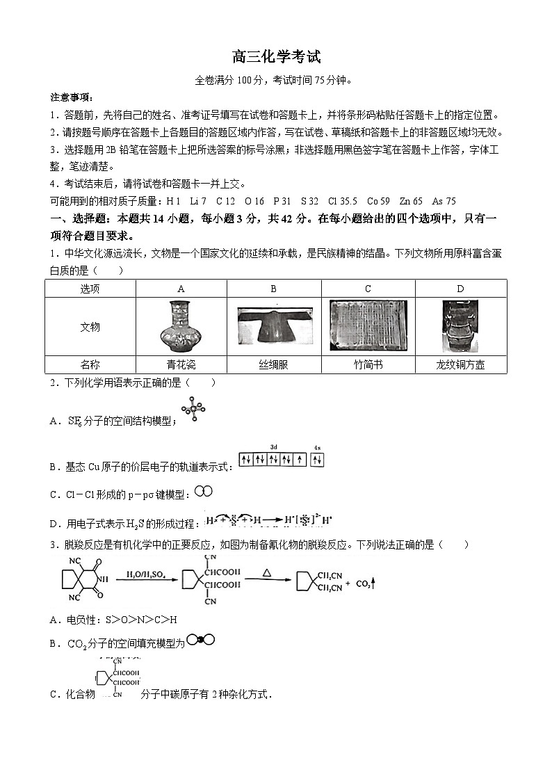 2024届河北省沧州市部分示范性高中高三下学期三模化学试题第1页