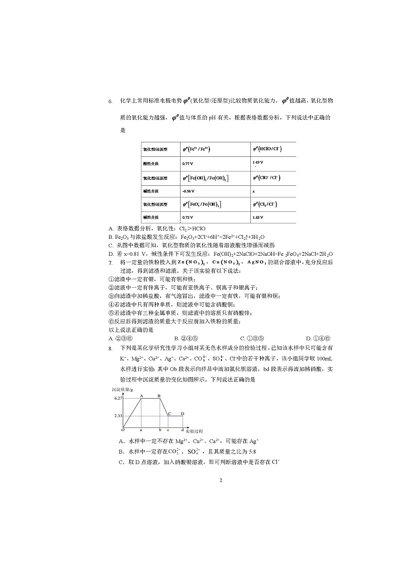 安徽省马鞍山市第二中学2023-2024学年高一下学期期中测试（实验班）化学试卷第2页