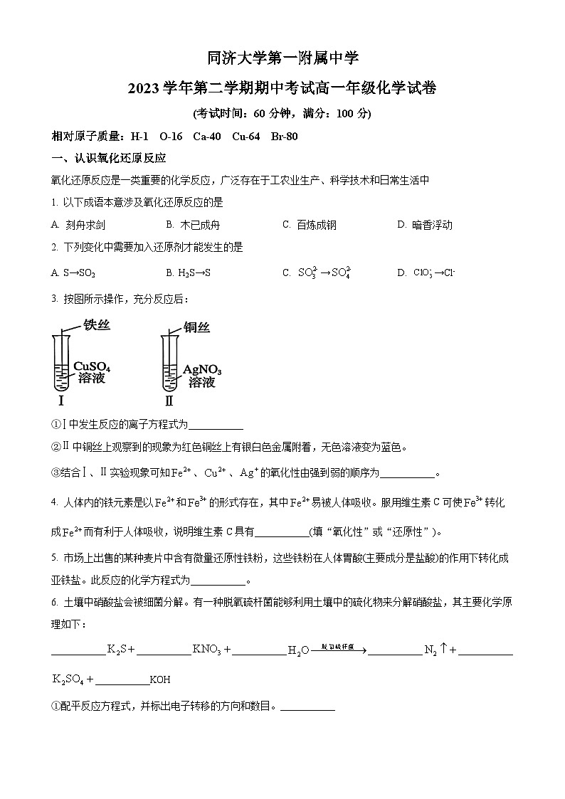 上海市同济大学第一附属中学2023-2024学年高一下学期期中考试 化学试卷 （原卷版）第1页