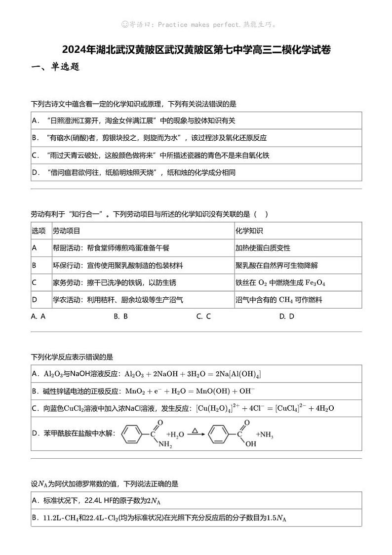2024年湖北武汉黄陂区武汉黄陂区第七中学高三二模化学试卷01
