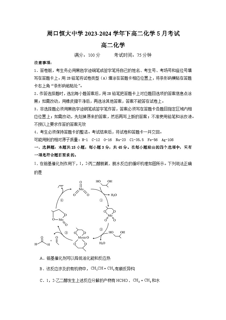 河南省周口恒大中学2023-2024学年高二下学期5月月考化学试题01