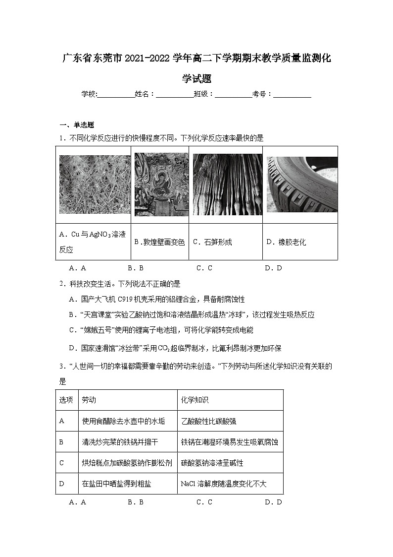 广东省东莞市2021-2022学年高二下学期期末教学质量监测化学试题01