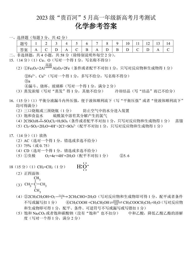 2024广西壮族自治区“贵百河”高一下学期5月月考试题化学含答案01