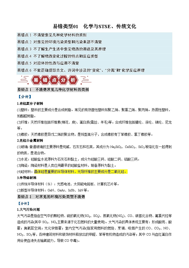 备战2024年高考化学易错题（全国通用）易错类型01 化学与STSE、传统文化（6大易错点） Word版含解析第1页