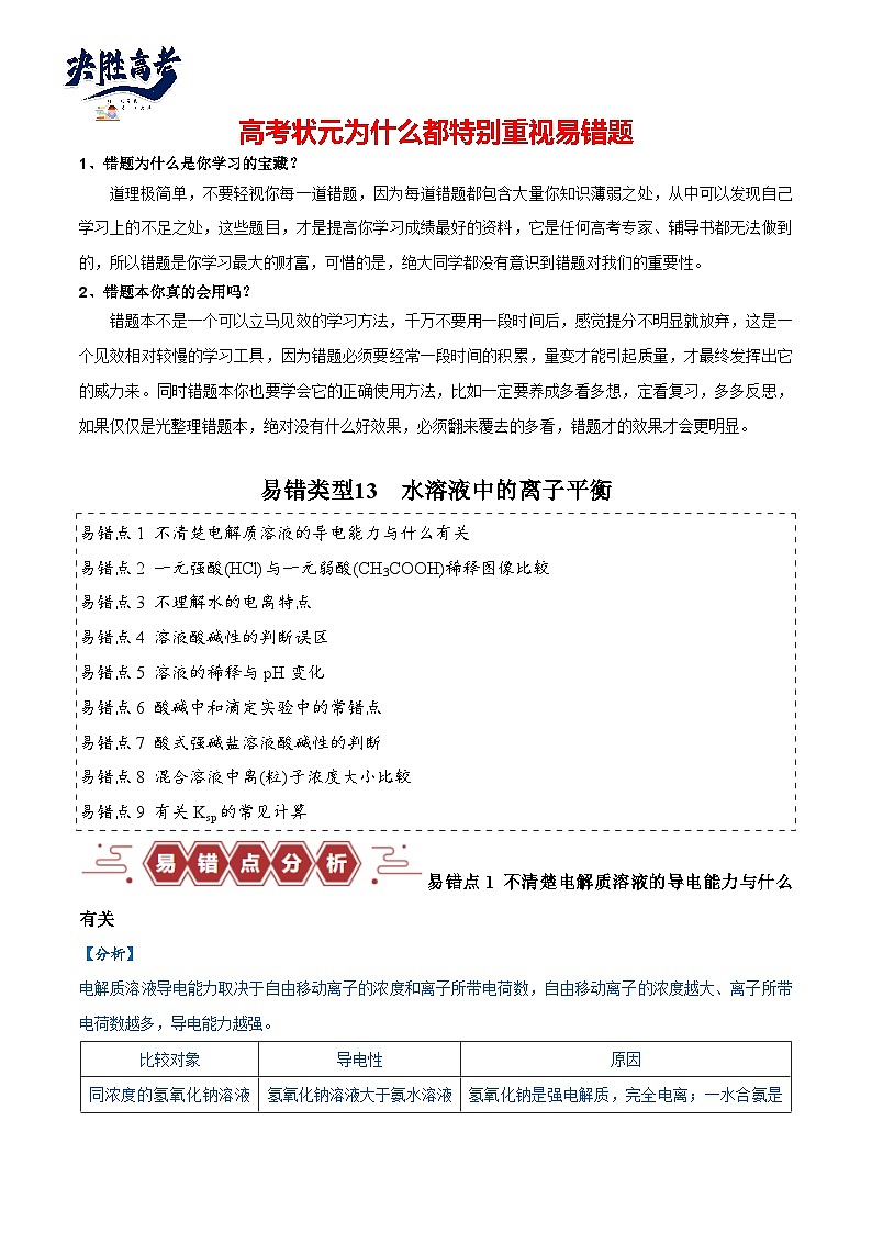 易错13 水溶液中的离子平衡（9大易错点）-2024年高考化学三轮复习易错题（全国通用）01
