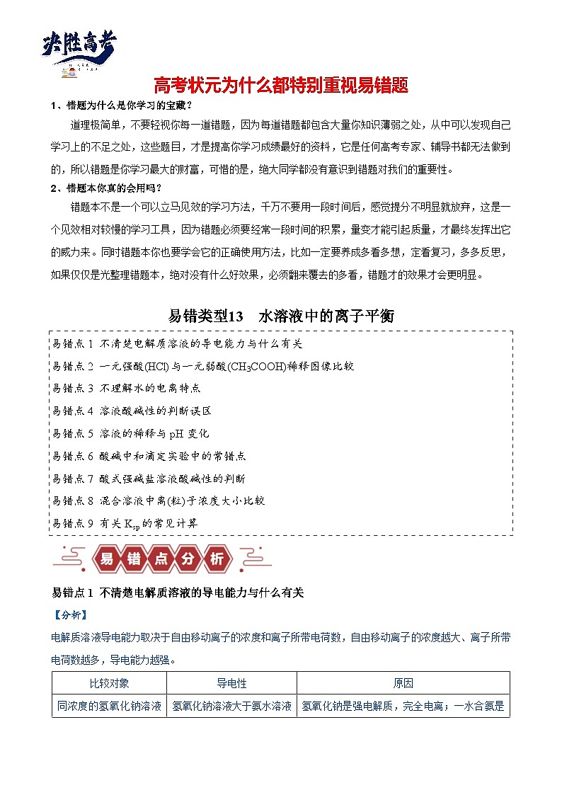 易错13 水溶液中的离子平衡（9大易错点）-2024年高考化学三轮复习易错题（全国通用）01
