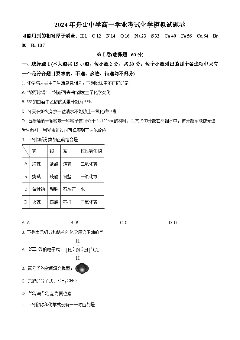 2024届浙江省舟山中学高三下学期模拟预测化学试题（原卷版+解析版）01