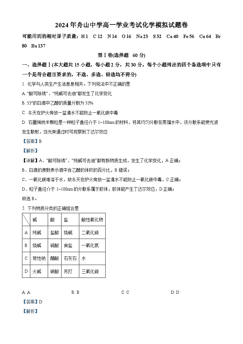 2024届浙江省舟山中学高三下学期模拟预测化学试题（原卷版+解析版）01