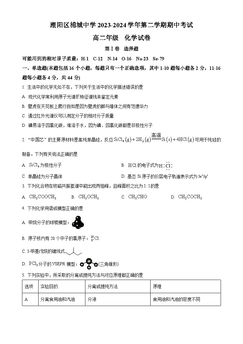 广东省汕头市潮阳区棉城中学2023-2024学年高二下学期5月期中考试化学试题（原卷版+解析版）01