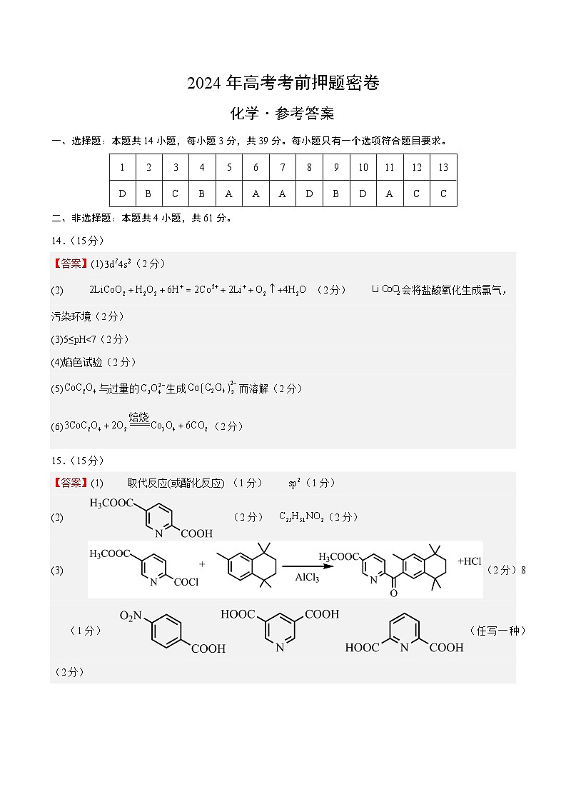 化学（江苏卷）（参考答案）第1页
