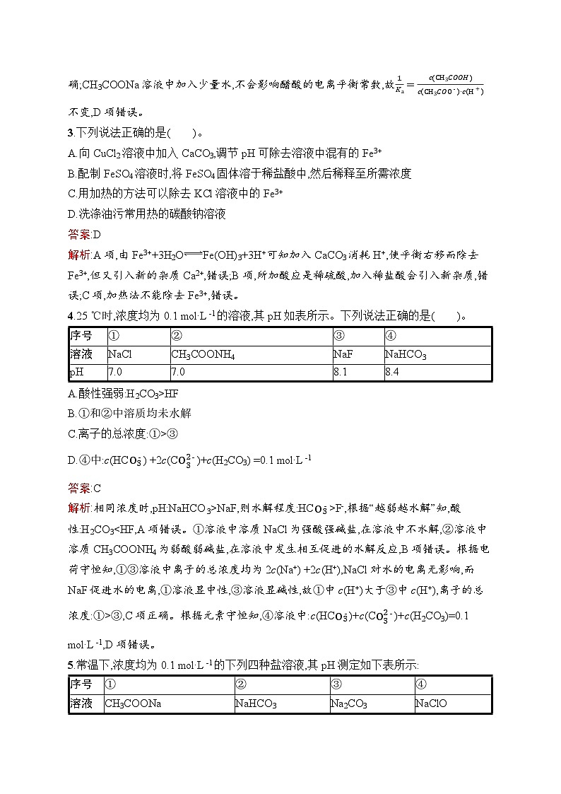 2025届人教新高考高三化学一轮复习考点规范练23盐类的水解Word版附解析第2页