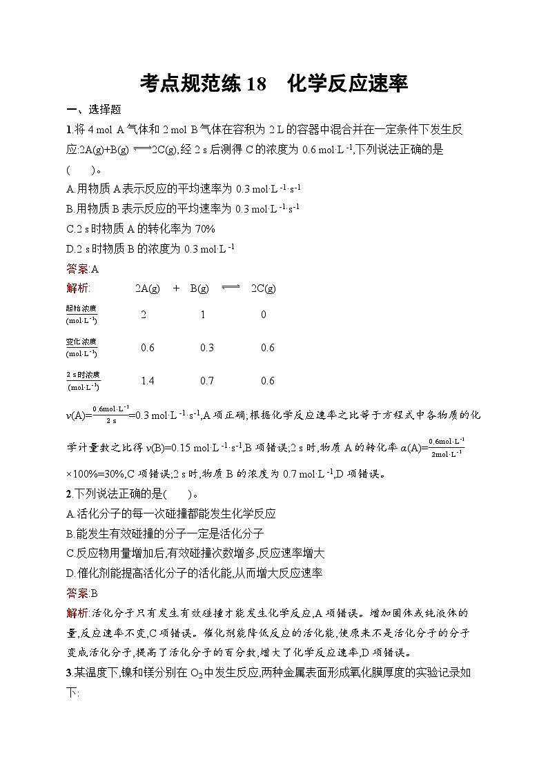 2025届人教新高考高三化学一轮复习考点规范练18化学反应速率Word版附解析第1页