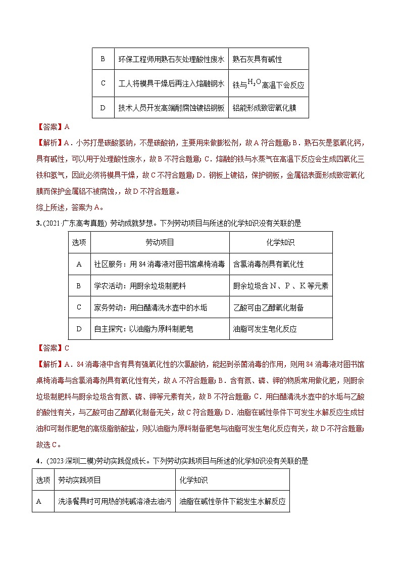 必练04 化学与劳动教育-【高频考点】2024年高考化学总复习高频考点必刷1000题（广东专用）02