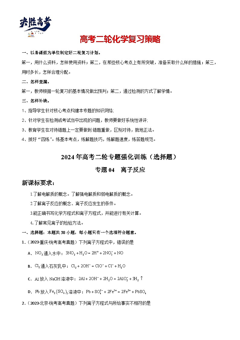 专题04  离子反应-【专题强化】2024年高考化学二轮专题强化训练01