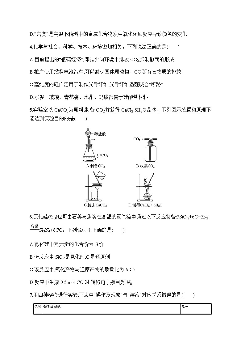 新教材(广西专版)高考化学一轮复习课时规范练14碳及其化合物无机非金属材料含答案第2页
