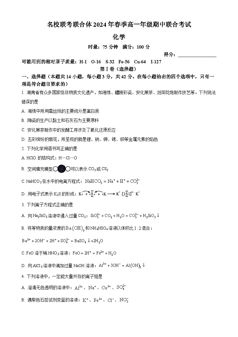 湖南省名校联考联合体2023-2024学年高一下学期5月期中联合考试化学试题（学生版+教师版）01