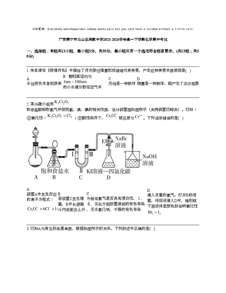 广西南宁市马山县周鹿中学2023-2024学年高一下学期化学期中考试第1页