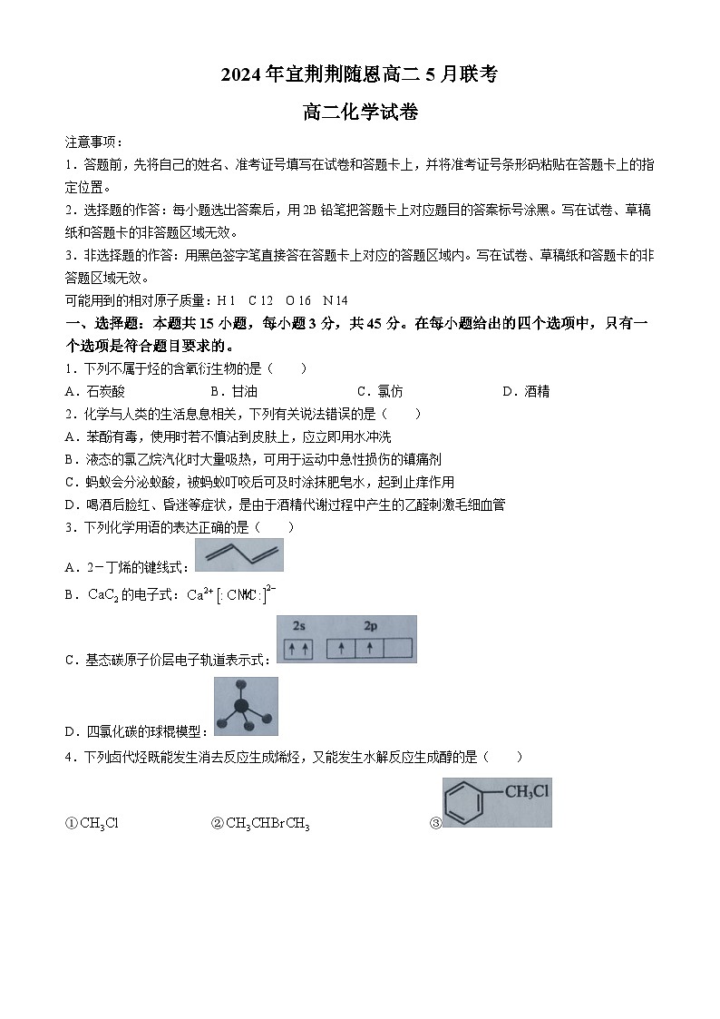 2024湖北省宜荆荆随恩高二下学期5月联考化学试题含解析01