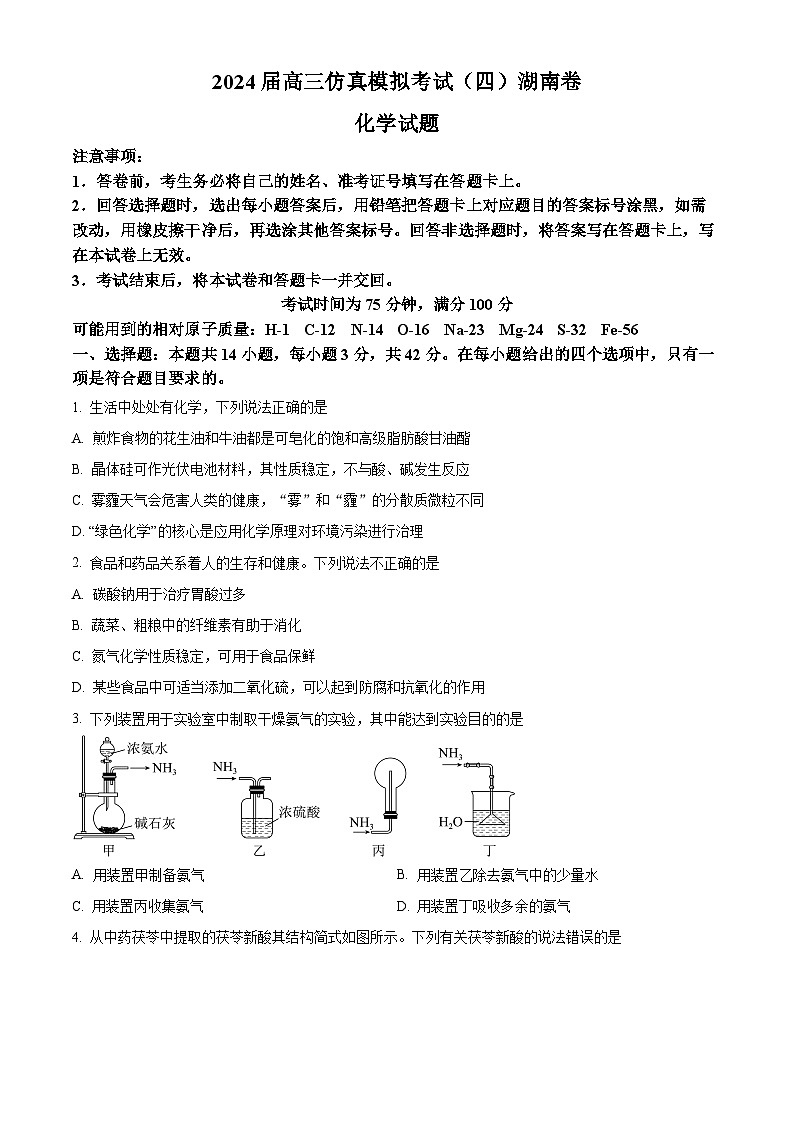 湖南省2024届高三下学期高考仿真模拟卷（四）化学试题（学生版）第1页