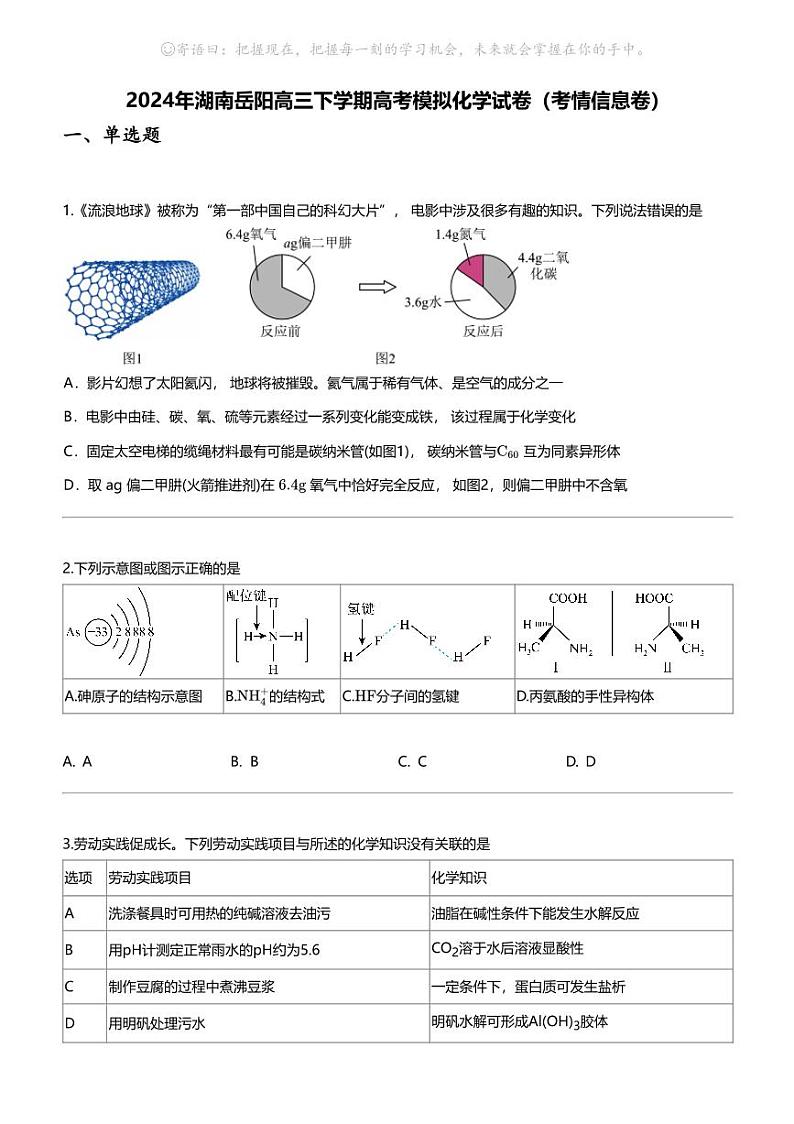 2024年湖南岳阳高三下学期高考模拟化学试卷（考情信息卷）第1页