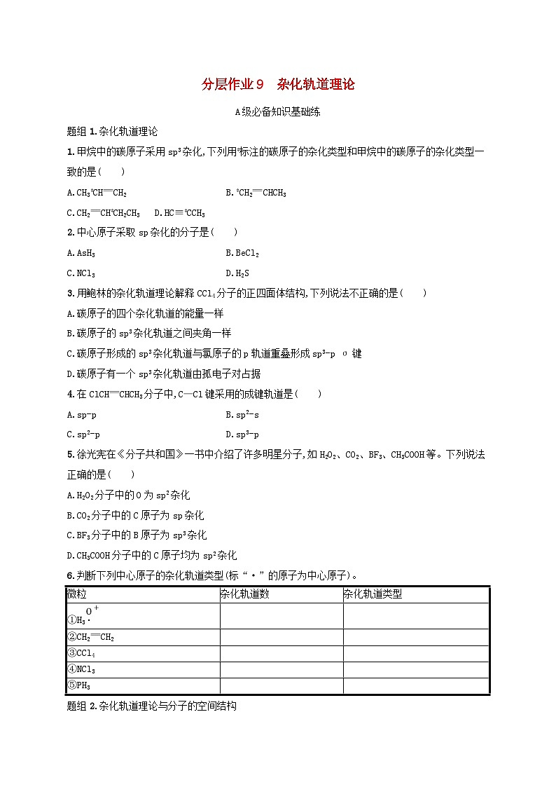 2025年高中化学第2章第2节共价键与分子的空间结构第1课时杂化轨道理论分层作业鲁科版选择性必修201