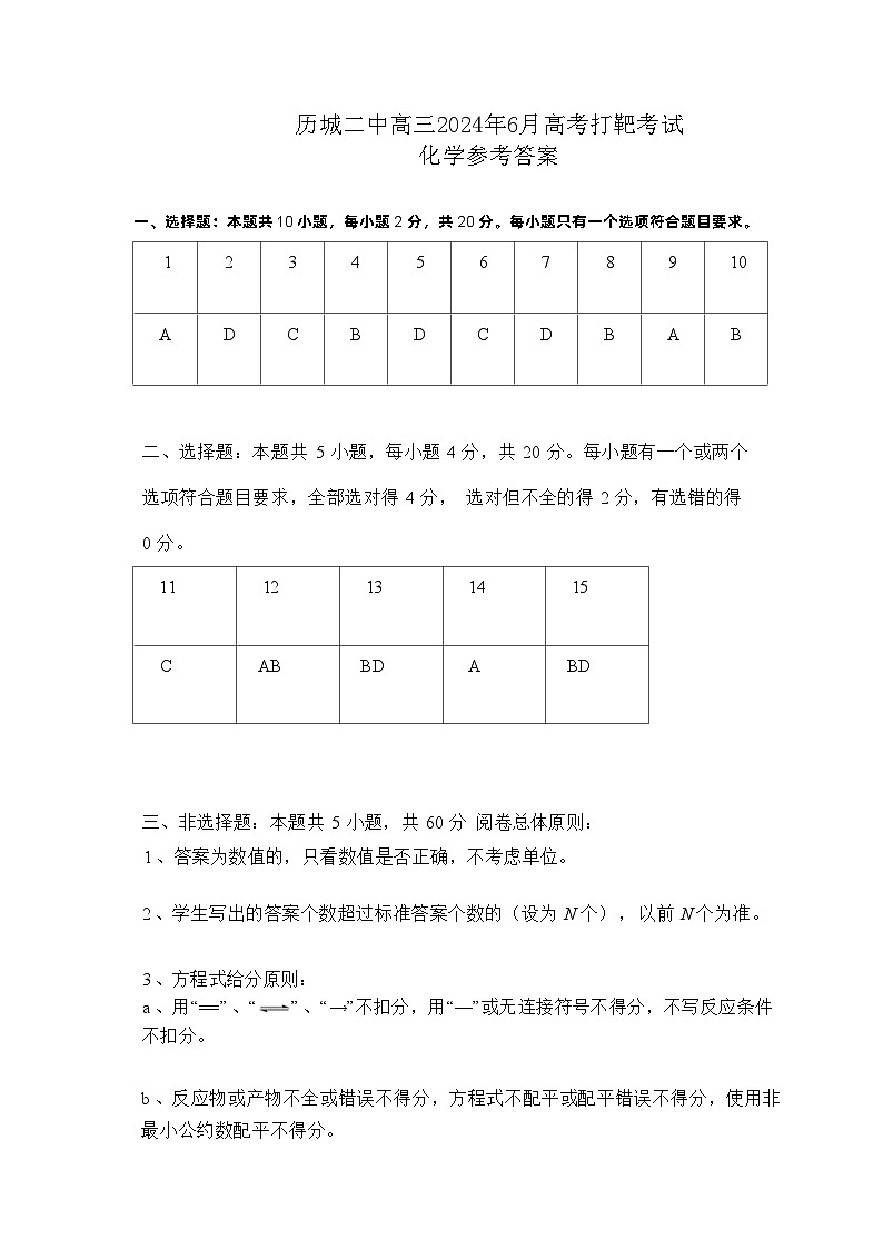 山东省济南市历城二中高三2024年6月高考打靶考试化学试题+参考答案（Word版）01