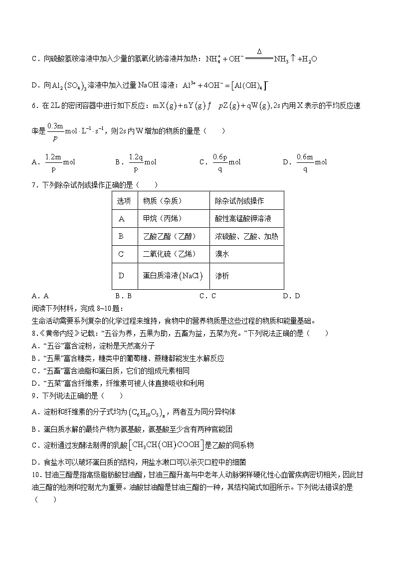 山东省部分学校2023-2024学年高一下学期五月月考化学试题02
