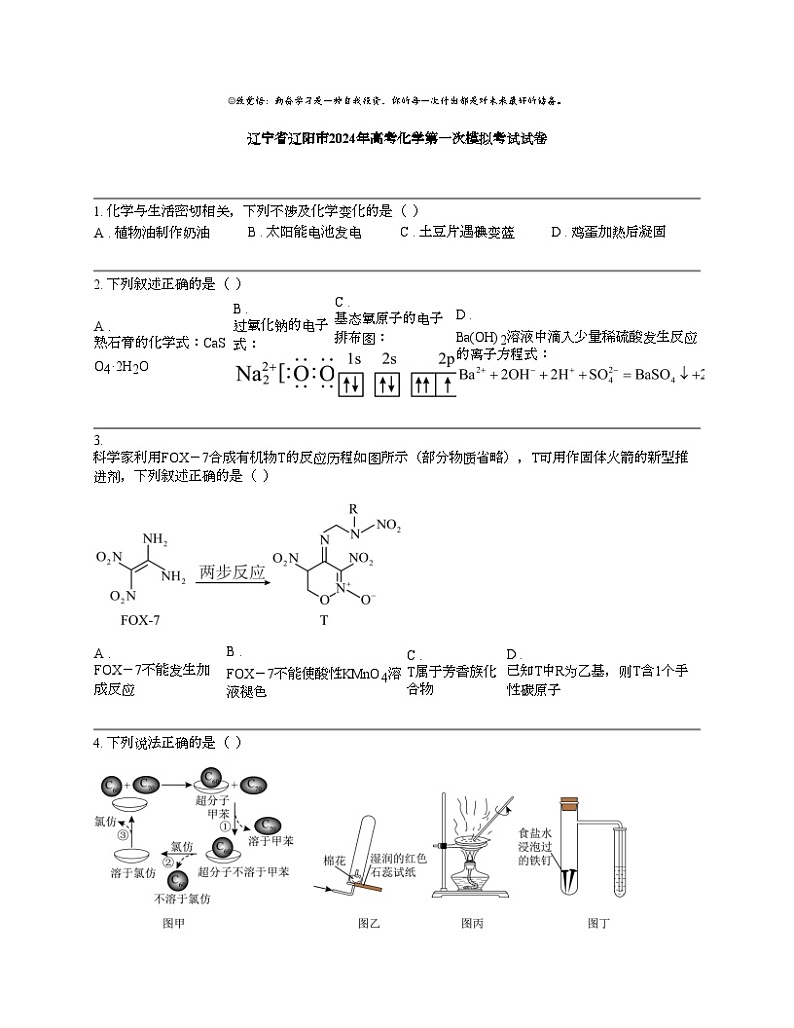 辽宁省辽阳市2024年高考化学第一次模拟考试试卷01